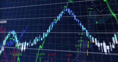 Finansal piyasa grafiği, şamdan çubukları ve renkli çizgilerle ticaret ekranında gösteriliyor. Finans, dijital, modern, teknoloji, veri, analitik, yatırım