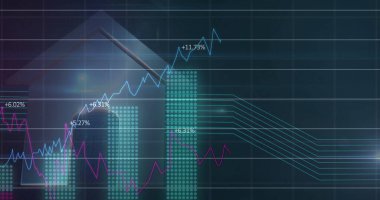 Gösterge panelinde büyümeyi gösteren ok simgesi gösteriliyor, açık mavi ya da morumsu çizgiler gösteriliyor, turkuaz çubuklar. Finans, analitik, gösterge paneli, veri, teknoloji, yatırım, metrik