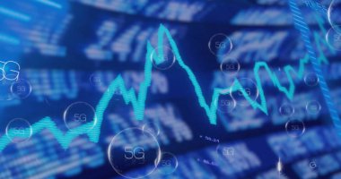 Gösterge panelinde bulanık kod arkaplanını, 5G küreleri ile kaplayan dalgalı neon-mavi çizgi grafiği. Teknoloji, yenilik, siber güvenlik, dijital analitik, gelecekçilik, ağ, veri görselleştirme