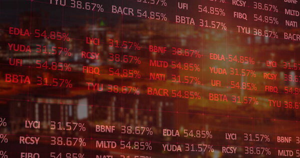 Displaying glowing red stock ticker symbols and percentages over dusk city skyline, digital overlay. Financial data, technology, cybersecurity, digital interface, urban atmosphere, analytics, investment
