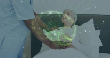 Hemşire hasta göğsüne steteskop yerleştiriyor ve holografik beyin nöral verileri izliyor. Tıbbi, yenilik, teknoloji, sağlık, tanı, fütüristik, klinik