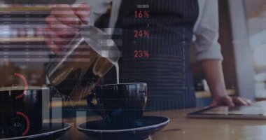 Kahve tezgahının üzerine buğulanmış süt döken barista tableti tıkırdatan grafikleri ortaya çıkardı. Kafe, analitik, teknoloji, dijital, endüstriyel, profesyonel, modern