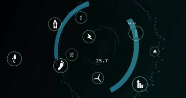 Dönen halkalarla yörüngedeki ikonlar fırlatılıyor ve güvenlik görselleştirmesi için ölçüler güncelleniyor. Teknoloji, dijital, arayüz, güvenlik, yenilik, veri, enerji