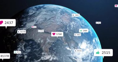 Dünya 'nın dönüşümlü haritasına sosyal bağlılık, ikonlar ortaya çıkıyor, yükselen sayıları sayıyor ve azalıyor. Global, teknoloji, ağ, bağlantı, yenilik, dijital, multimedya