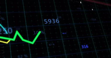 Veri eğilimlerini görselleştirirken parlak yeşil izler ortaya çıkıyor ve sarı cyan izleri ile dalgalanıyor. Analizler, veriler, görselleştirme, teknoloji, fütürizm, dijital, gösterge paneli