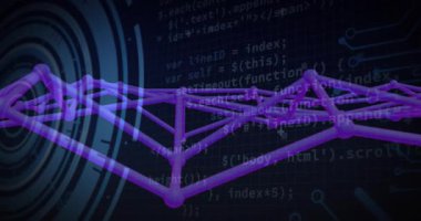 Arayüz HUD döndürmeye başladığında kod mor ağ üzerinde kaybolurken veri akışını gösterir. Gelecek, teknoloji, veri, dijital, siber, soyut, arayüz