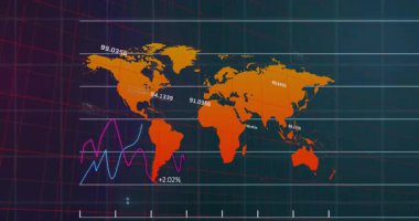 Turuncu dünya haritasında kaybolan, dönen ızgara, küresel eğilimleri gösteren salınan çizgi grafikleri. Coğrafya, veri, analitik, görselleştirme, teknoloji, gösterge paneli, dijital