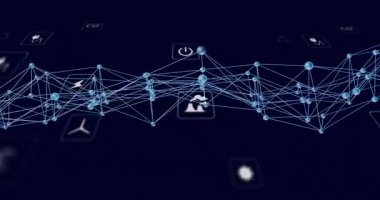 Enerji simgeleri veri akışını görselleştirirken 3D mavi kurdele maddeleşiyor ve dalgalanıyor. Dijital, bağlantı, sürdürülebilirlik, yenilik, teknoloji, soyut, geleceksel