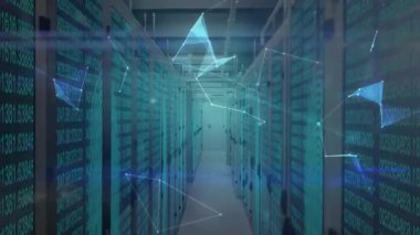 Ağ birleşerek dönen veri küresi haline gelen rafların arasında beliren soluk mavi düğümler. Teknoloji, veri, ağ, dijital, geleceksel, siber uzay, siber güvenlik