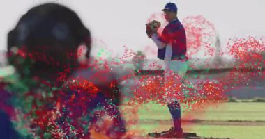 Atıcı ağırlığını değiştiriyor, beyzbolu yakalayıcıya götüren parçacıkları canlandırıyor. Atletizm, spor, hareket, spor, takım çalışması, dinamik, rekabet