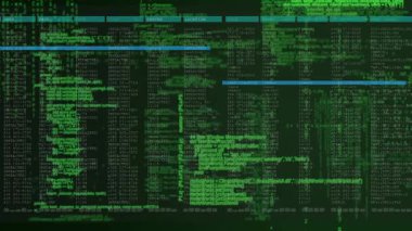 Sunucu etkinliğini ortaya çıkaran vurgu çubuğu kaydırma ile parlayan günlük satırları parlayan kod parçaları. Siber güvenlik, veri analizi, dijital arayüz, programlama, bilgilendirme teknolojisi, yüksek teknoloji, ağ izleme