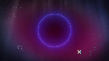 Kırmızı neon halka titreşiyor, siyan halka olarak büzülüyor titreşen ikonlar yükleme gösteriyor. Neon, dijital, soyut, geleceksel, teknoloji, parıltı, hareket