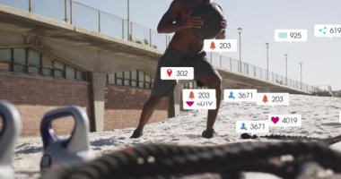 İskelenin altındaki plajda topla atlayan sporcu, her temsilci spor istatistiklerini gösteren sosyal ikonlar üretiyor. Spor, açık hava, atletik, yaşam tarzı, dinamik, enerjik, modern