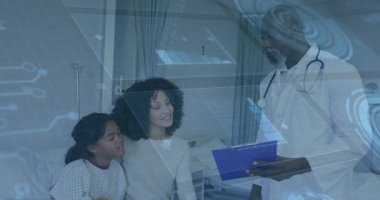 Doktor pediatri koğuşuna giriyor, panoyu çeviriyor ve çizelgeyi etkinleştiriyor. Açıklama planı. Tıbbi teknoloji, sağlık, dijital arayüz, pediatrik bakım, aile desteği, hasta izleme, geleceksel tasarım