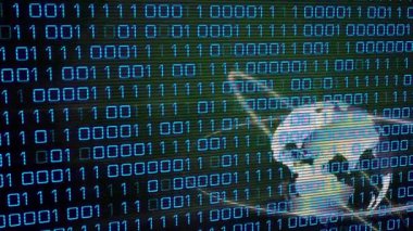 Başlangıçta 3D küre, dijital ağı gösteren ikili kaplama üzerinde döner ve aşağı doğru sürüklenir. Teknoloji, siber uzay, yenilik, sanal, bağlantı, veri, gelecek