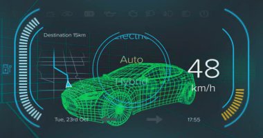 HUD açılıyor yeşil kablo sedan 121 km ya da h 'ye yükseliyor, navigasyon için sürücü modları değiştiriliyor. Futuristik, dijital, arayüz, otomotiv, navigasyon, teknoloji, yenilik