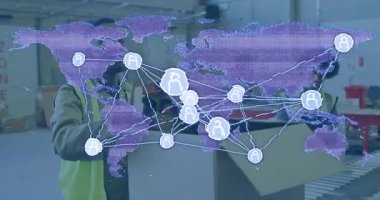 Mor harita, depo çalışanlarının kutuları tarayıp küresel sevkiyatları takip etmesiyle soluyor. Tedarik zinciri, lojistik, dijital bağlantı, veri senkronizasyonu, endüstriyel, operasyonel, teknoloji