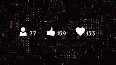 Bir saniye sonra dijital şebekede güncellenen ve titreşen sosyal metrik simgeler bağlanma büyümesini gösteriyor. Teknoloji, analitik, görselleştirme, fütüristik, dijital, arayüz, veri