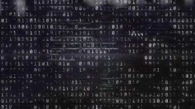 Başlangıçta ikili basamaklar, veri akışını gösteren küme küme halinde hareketli karanlık zemin boyunca sürüklenir. Soyut, dijital, geleceksel, hareket, teknoloji, neon, veri