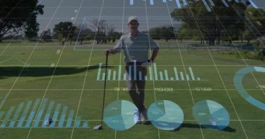 Golfçü sürücüyü dik kaldırıyor ve çizgi pasta çubuğu çizelgeleriyle golf analitiğini aktifleştiriyor. Teknoloji, veri görselleştirme, yenilik, analiz, spor, açık hava, profesyonel