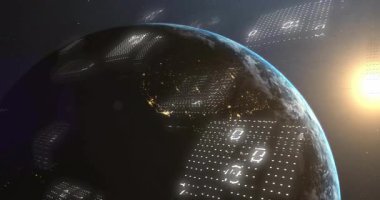 Güneş ışığı sağ ufuk çizgisinden gözetliyor. Izgara başlatılıyor. Dünya 'nın üzerinde ikili atım gerçekleştiriyor. Gezegen, veri, teknoloji, dijital, evren, ağ, fütüristik