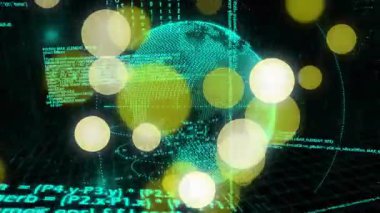 Dünya beliriyor, dönüyor, küreler sürükleniyor, kod akışı, kamera görüntüleme için uzaklaşıyor. Fütürist, dijital, holografik, veri, teknoloji, siber uzay, soyut