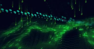 Yeşil şebeke dalgalanması başlatılıyor, gök mavisi ovallar sinüs yolunu takip ederken ikili yağmur verileri görselleştiriyor. Teknoloji, siber güvenlik, dijital, fütürizm, veri görselleştirme, yenilik, soyut