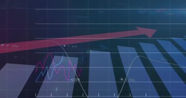 Fırlatma çubukları ortaya çıkan karanlık ızgara, ok çizgileri pembe-mavi grafikler kazancı gösteriyor. Veri analizi, finansal konsol, büyüme ölçümleri, dijital arayüz, pazar eğilimleri, performans göstergeleri, bilgi