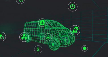 Yükleme sırasında, yeşil 3D minibüs, enerji maliyeti görselleştirmesi için dairesel simgeler yüzüyor ve yörüngede dönüyor. Sürdürülebilirlik, yenilenebilirlik, yenilik, teknoloji, çevre dostu, dijital, gelecekçi