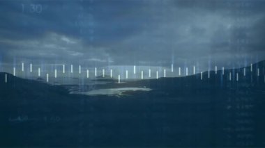 Alacakaranlık sahnesinin açılışı beyaz barların hareketlenmesi ve turuncu çizginin piyasa trendleri için akışı. Grafik, görselleştirme, analitik, dijital, modern, dinamik, sakin