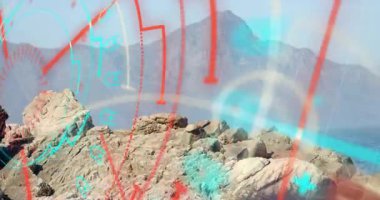 Arayüz taranıyor. Kayalık çıkıntıda HUD kaplaması başlatılıyor. Kirişler taranıyor. Fütürist, teknoloji, navigasyon, macera, engebeli, hassasiyet, dijital