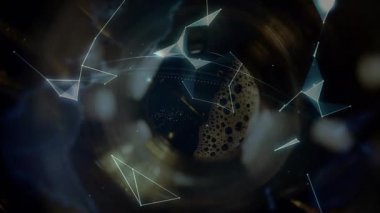 Dönen sıvı ve köpük baloncuklar, Dünya 'yı döndüren palmiye kaldırırken çokgen akıntısını tetikler. Teknoloji, yenilik, dijital, fütüristik, ağ, bağlantı, küresel