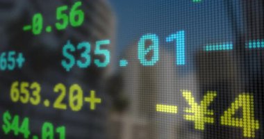 Elektronik kalp pili, her saniye canlı piyasa fiyatlarını güncelleyerek, cyan ve sarı rakamları yükseltiyor. Finans, teknoloji, dijital, şehir manzarası, veri, ticaret, yatırım