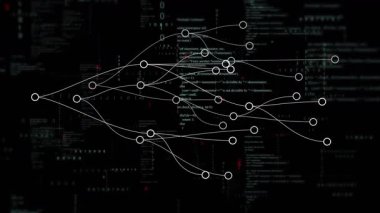 Tek beyaz düğüm kıvrımlı çizgileri başlatıyor, dallanma grafiği oluşturuyor, veri akışını görselleştiriyor. Dijital, bağlantı, teknoloji, soyutlama, görselleştirme, yenilik, veri akışı