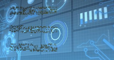 Merkez dairesel arayüzü, şebeke kaplaması, devre çizgileri ve veri çizelgeleriyle gösteriliyor. Fütürist, dijital, arayüz, teknoloji, veri, görselleştirme, yüksek teknoloji