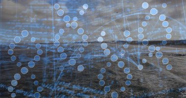 Karanlık çöktüğünde denizde yüzen dijital DNA sarmalını, düğümleri, kılavuz hatları ve kod metinleriyle gösteriyor. Fütürist, biyoteknoloji, bilim, teknoloji, dijital, soyut, okyanussal