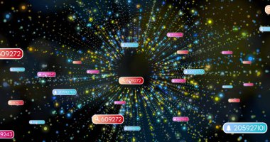 Veri ağındaki veri düğümleri ve radyal çizgileri gösteren kırmızı etiket ve büyüteç simgesi yüzüyor. Teknoloji, veri, bağlantı, dijital, siber, ağ, yenilik