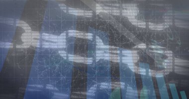 Gösterge panelinde 3D yükselen ok grafiği, ağ ızgarası ve veri akışı ile renkli çubuk grafiği gösteriliyor. Veri, görselleştirme, analitik, arayüz, teknoloji, büyüme, ön panel