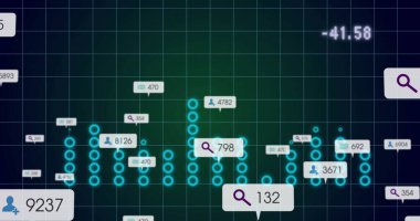 Gösterge panelinde, sayısal çağrılar ve simgelerle parlayan turkuaz daire grafiği sunuluyor. Analizler, veri görselleştirme, gösterge paneli, dijital arayüz, teknoloji, içgörü, raporlar