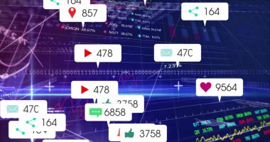 Sanal analitik gösterge panelinde katmanlı çizelgelerle yüzen çalma düğmesi ve kalp simgeleri kümesi. Teknoloji, veri görselleştirme, dijital, fütüristik, bilgi, ağ, veri analizi