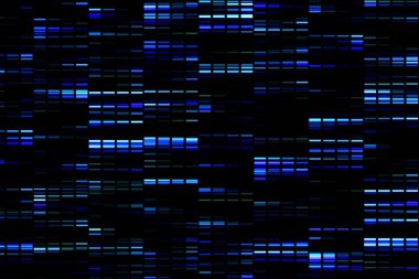 Soyut düz dizayn deseni koyu siyah arkaplanda, kümelenmiş mavi çubuklarla gösteriliyor. Geometrik, modern, dijital, minimalist, teknoloji, parlak, fütürist