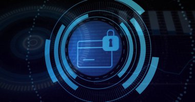 Kredi kartı simgesi, yüzükler ve veri hatlarıyla dijital arayüzde asma kilitle kaplanıyor. Teknoloji, siber güvenlik, veri koruması, dijital tasarım, fütürist, arayüz, şifreleme