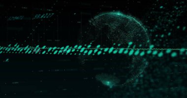 Yatay veri akışı karanlık arayüzde noktalı küre ile birleşiyor, sayısal örtüşmeler. Teknoloji, veri, görselleştirme, analitik, dijital, soyut, geleceksel