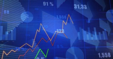 Gösterge paneli çizim çizelgesi ve çubuk çizelgeleri mavi ızgarada, dünya haritası ve sayısal örtülerle gösteriliyor. Analizler, görselleştirme, veri, teknoloji, finans, gösterge panelleri, büyüme