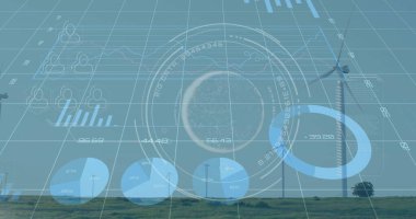 Çimenli düzlüklerde dijital çizelgeler kullanarak rüzgâr tarlası ölçümlerini takip eden dairesel arayüz görselleştiriliyor. Yenilenebilir, analitik, fütüristik, sürdürülebilirlik, görselleştirme, teknik, çevre dostu