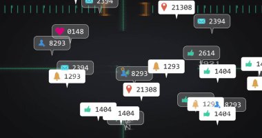 Yeşil ızgara ile torpido gözünde süzülen yüzen bildirim baloncukları kümesi gösteriliyor. Fütürist, dijital, arayüz, neon, teknoloji, analitik, veri