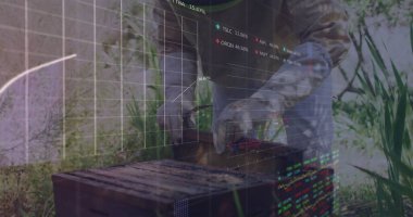 Bahçedeki kovan kutusundan eldiven ve borsa kalp kaplamalı kovan kaldırma çerçevesini inceliyorum. Görüntü, sürdürülebilirlik, teknoloji, açık hava, yaşam tarzı, doğa, yenilik