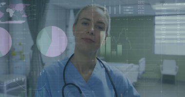 Hastane yatağının yanında mavi önlük ve steteskop giymiş, veri örtüsü olan bir hemşire. Tıbbi, sağlık, klinik, dijital, veri görselleştirme, profesyonel, hastane