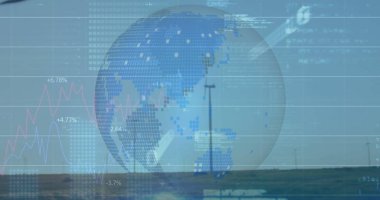 Çizgi çizelgeleri ve rüzgar türbinleriyle çimenli ovanın üzerinde süzülen yarı şeffaf küreyi gösteriyor. Coğrafya, yenilenebilir enerji, veri görselleştirme, dijital arayüz, çevre bilinci, sürdürülebilirlik, teknolojik yenilik