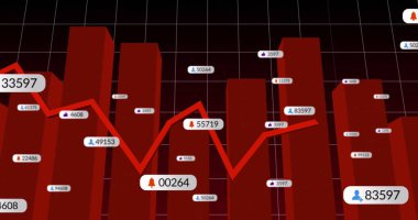 Gösterge panelinde kırmızı çizgi grafiği olan kırmızı 3D çubuklar, veri etiketleri, simgeleri ve ızgara kaplamaları gösteriliyor. Veri analizleri, iş zekası, veri görselleştirme, dijital gösterge paneli, 3D grafikler, teknoloji, modern tasarım